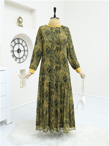 Etnik Desen Eteği Parçalı Astarlı Şifon Elbise   -Yağ Yeşili