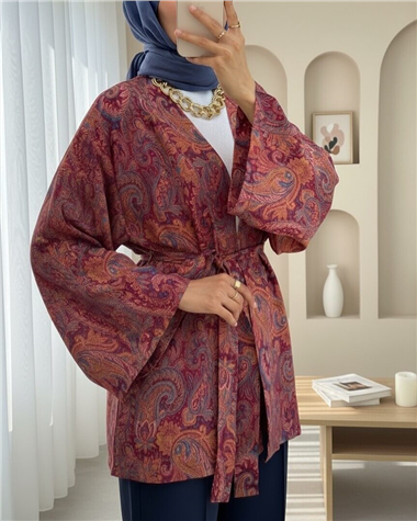 Etnik Desenli Bağcıklı Kimono -Bordo