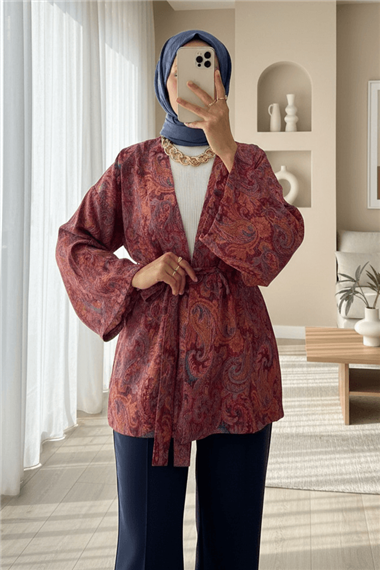 Etnik Desenli Bağcıklı Kimono -Bordo