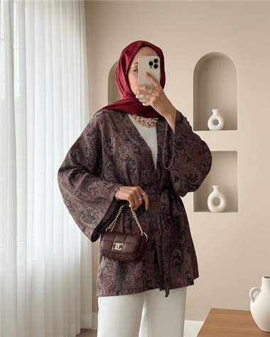 Etnik Desenli Bağcıklı Kimono -Kahve