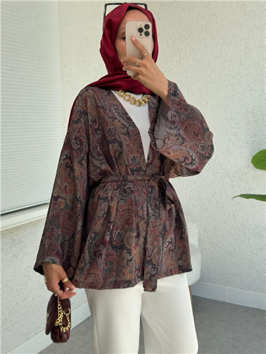 Etnik Desenli Bağcıklı Kimono -Kahve