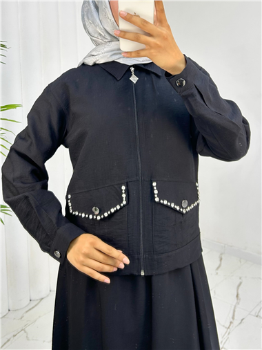 Fermuarlı Ceketli Beli Lastikli Etekli Keten Takım -Siyah