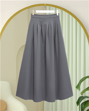 Fermuarlı Cepli Pliseli Krep Etek -Gri