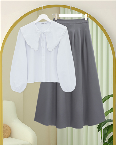 Fermuarlı Cepli Pliseli Krep Etek -Gri