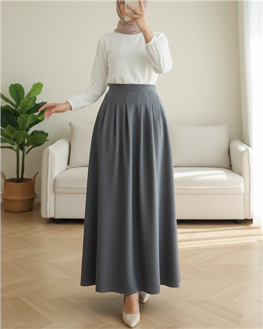 Fermuarlı Cepli Pliseli Krep Etek -Gri