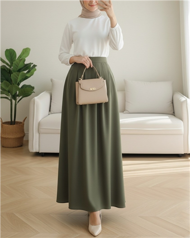 Fermuarlı Cepli Pliseli Krep Etek -Haki