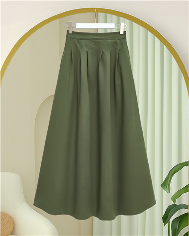 Fermuarlı Cepli Pliseli Krep Etek -Haki