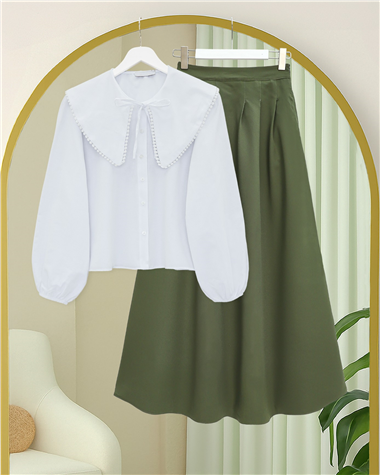 Fermuarlı Cepli Pliseli Krep Etek -Haki