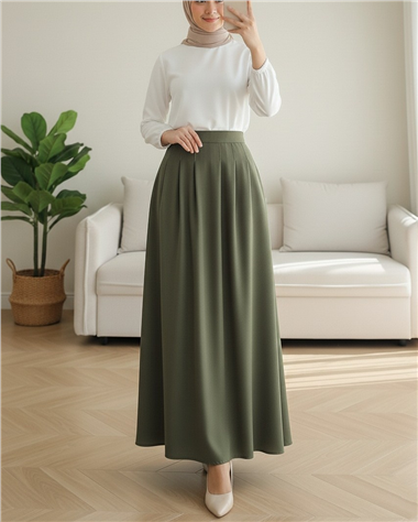 Fermuarlı Cepli Pliseli Krep Etek -Haki