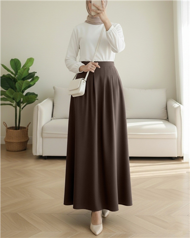 Fermuarlı Cepli Pliseli Krep Etek -K. Kahve