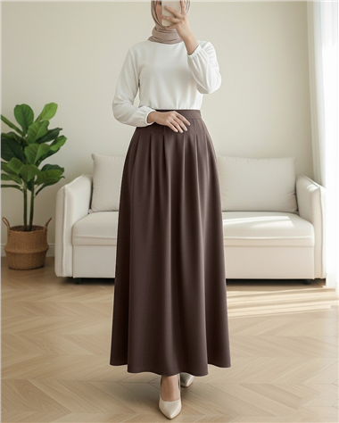 Fermuarlı Cepli Pliseli Krep Etek -K. Kahve