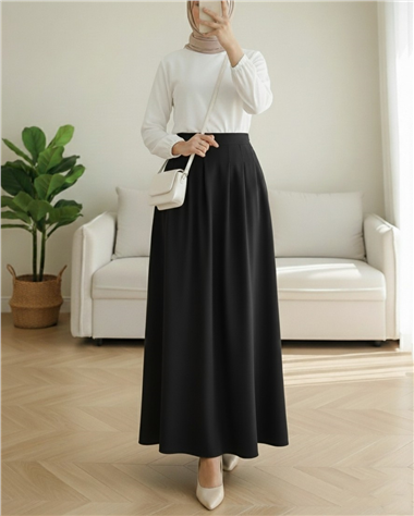 Fermuarlı Cepli Pliseli Krep Etek -Siyah