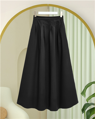 Fermuarlı Cepli Pliseli Krep Etek -Siyah