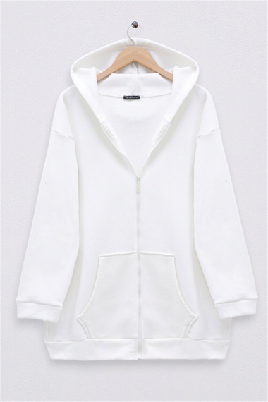 Fermuarlı Kapşonlu Cepli Polar Sweat -Beyaz