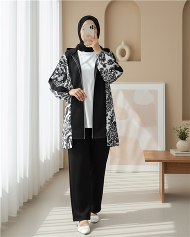 Fermuarlı Kapşonlu Yanları Desenli Scuba Takım -Siyah