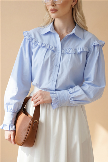 Fırfır Detaylı Düğmeli Kısa Gömlek -Bebe Mavi