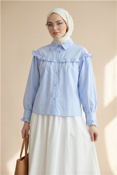 Fırfır Detaylı Düğmeli Kısa Gömlek -Bebe Mavi