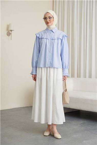 Fırfır Detaylı Düğmeli Kısa Gömlek -Bebe Mavi