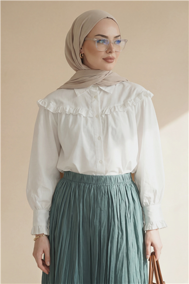 Fırfır Detaylı Düğmeli Kısa Gömlek -Beyaz