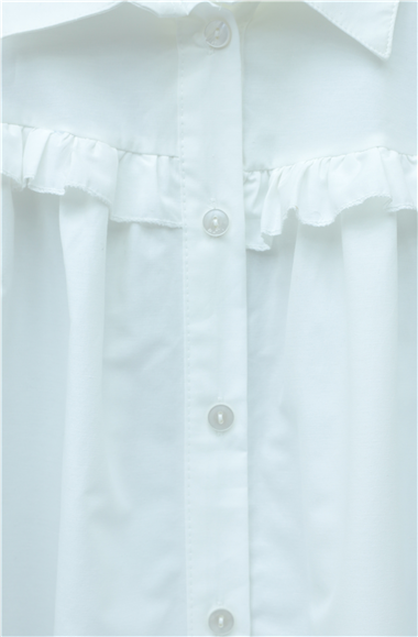 Fırfır Detaylı Düğmeli Kısa Gömlek -Beyaz