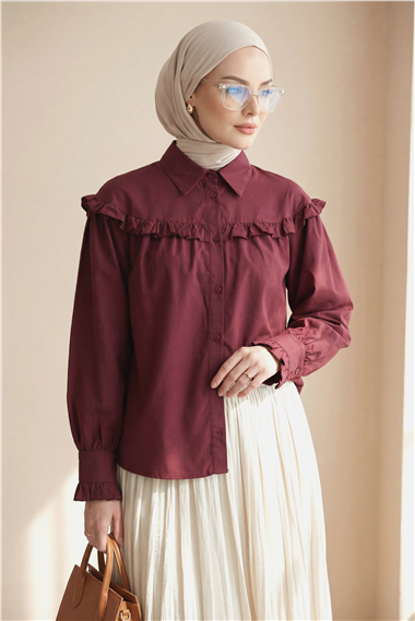 Fırfır Detaylı Düğmeli Kısa Gömlek -Bordo
