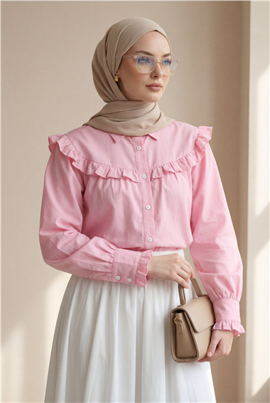 Fırfır Detaylı Düğmeli Kısa Gömlek -Pembe