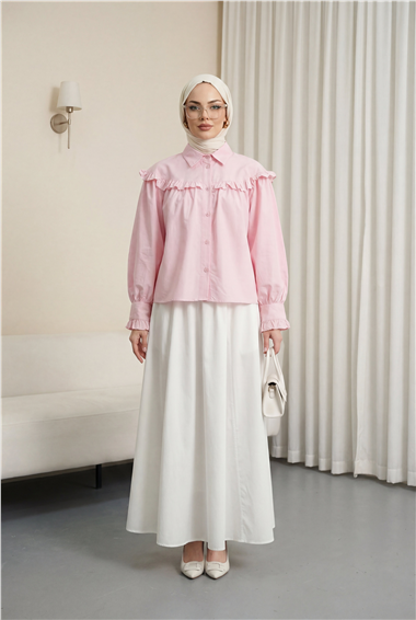 Fırfır Detaylı Düğmeli Kısa Gömlek -Pembe