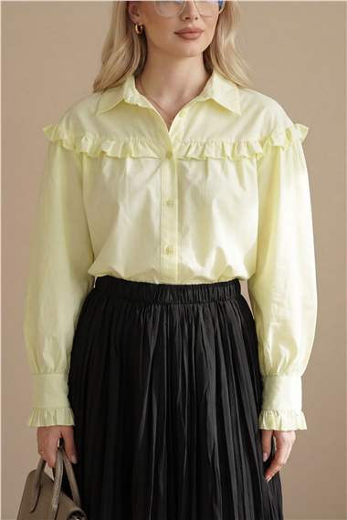 Fırfır Detaylı Düğmeli Kısa Gömlek -Sarı