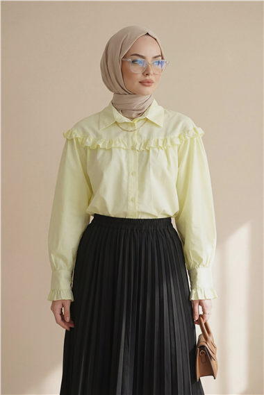 Fırfır Detaylı Düğmeli Kısa Gömlek -Sarı