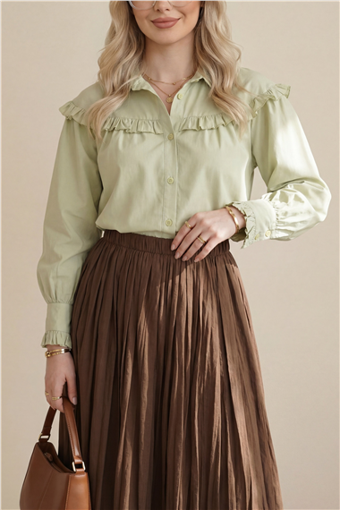 Fırfır Detaylı Düğmeli Kısa Gömlek -Zeytin