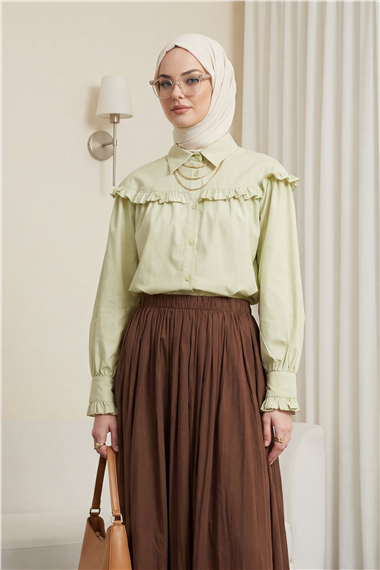 Fırfır Detaylı Düğmeli Kısa Gömlek -Zeytin