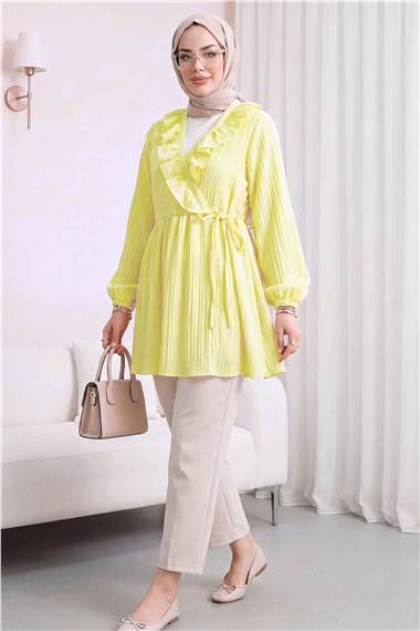 Fırfırlı Önü Bağcıklı Kolu Lastikli Kimono  -Sarı