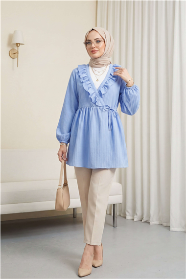 Fırfırlı Önü Bağcıklı Kolu Lastikli Kimono  -Mavi