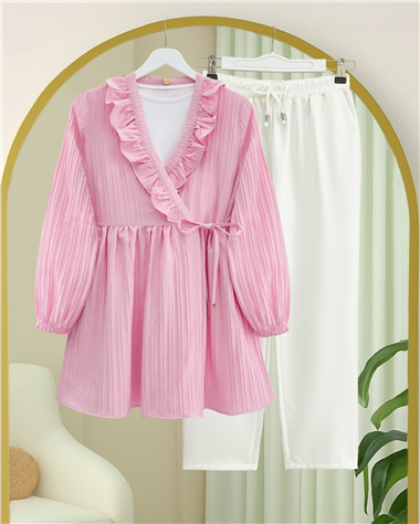 Fırfırlı Önü Bağcıklı Kolu Lastikli Kimono  -Pudra