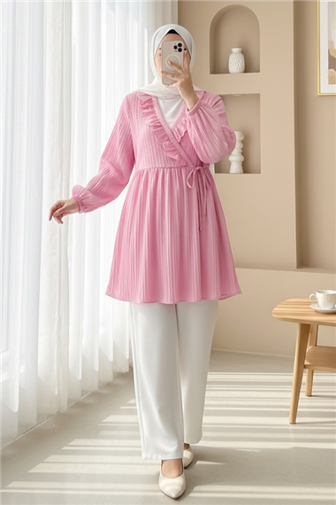 Fırfırlı Önü Bağcıklı Kolu Lastikli Kimono  -Pudra