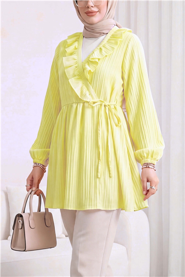 Fırfırlı Önü Bağcıklı Kolu Lastikli Kimono  -Sarı