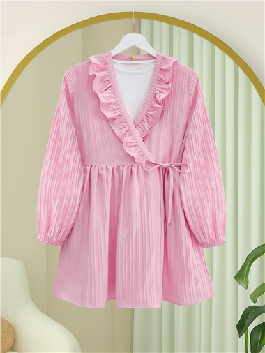 Fırfırlı Önü Bağcıklı Kolu Lastikli Kimono  -Pudra