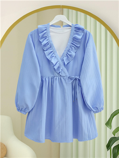 Fırfırlı Önü Bağcıklı Kolu Lastikli Kimono  -Mavi