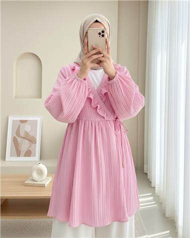 Fırfırlı Önü Bağcıklı Kolu Lastikli Kimono  -Pudra