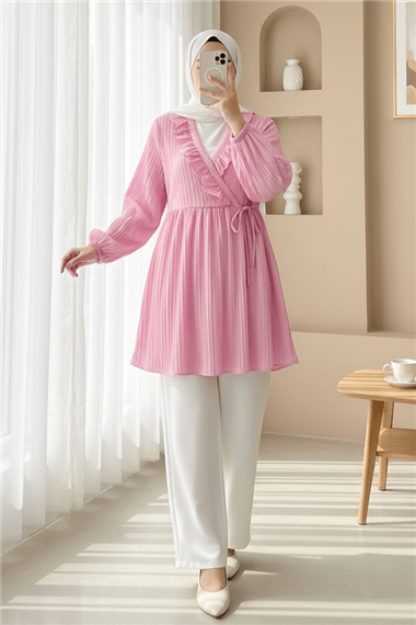 Fırfırlı Önü Bağcıklı Kolu Lastikli Kimono  -Pudra