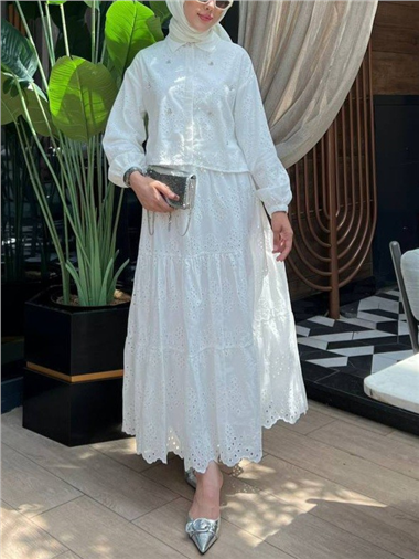 Fisto Detaylı Etekli Takım -Beyaz