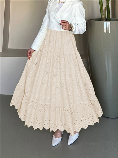 Fisto İşlemeli Katlamalı Etek -Bej