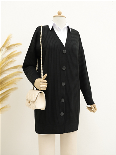 Fitilli Düğmeli Uzun Triko Hırka -Siyah