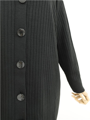 Fitilli Düğmeli Uzun Triko Hırka -Siyah