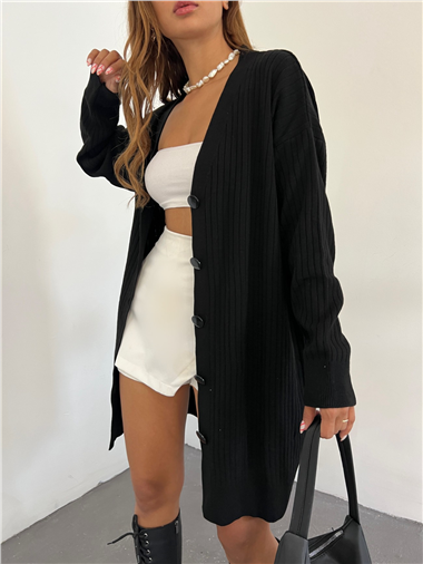 Fitilli Düğmeli Uzun Triko Hırka -Siyah