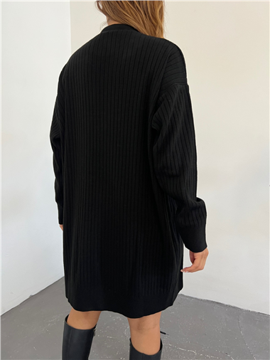 Fitilli Düğmeli Uzun Triko Hırka -Siyah