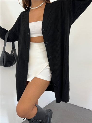 Fitilli Düğmeli Uzun Triko Hırka -Siyah