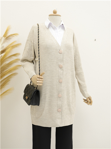 Fitilli Düğmeli Uzun Triko Hırka -Taş