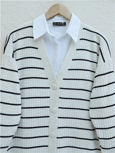 Fitilli Düğmeli Uzun Triko Hırka  -Taş