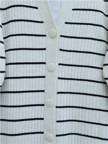 Fitilli Düğmeli Uzun Triko Hırka  -Taş